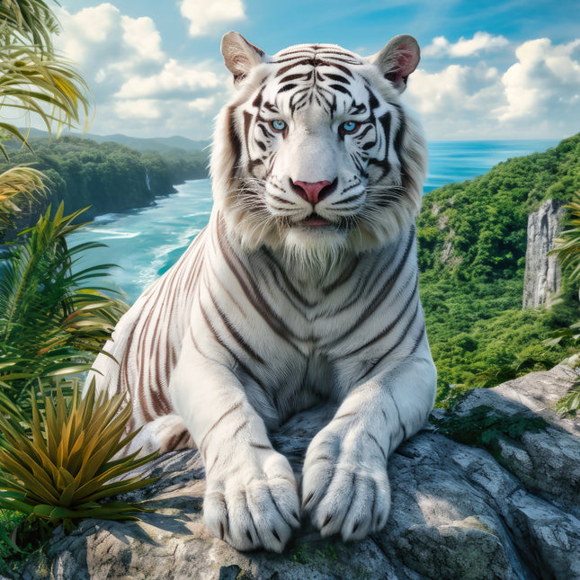 A digitally printed white tiger fabric panel on a cotton background, featuring a realistic tiger on a rock with a scenic landscape in the background.
