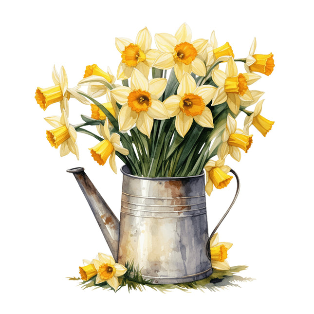 A fabric panel featuring a digitally printed design of daffodils in a watering can.
