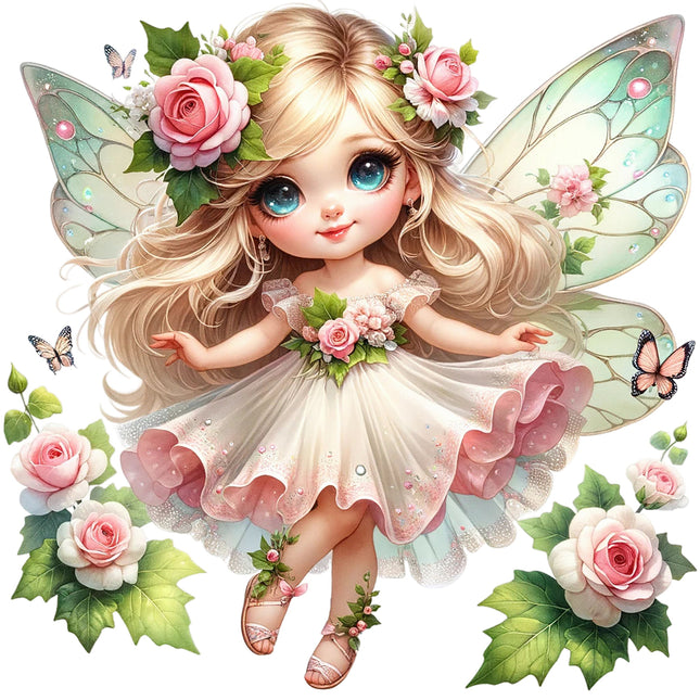 A digitally printed fabric panel featuring a stylized fairy character with blonde hair, rosy cheeks, and wearing a white dress with pink floral accents. The scene includes pink roses and butterflies.