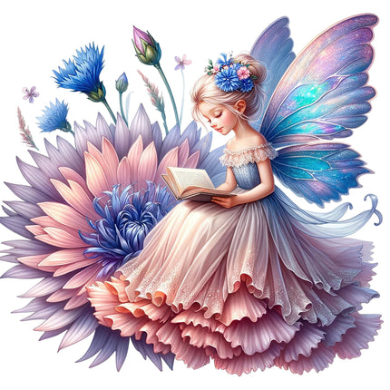 A digitally printed 100% cotton fabric panel featuring a fantasy-themed fairy girl with blue wings, sitting on a flower and reading a book.