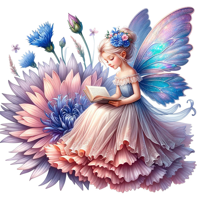 A digitally printed 100% cotton fabric panel featuring a fantasy-themed fairy girl with blue wings, sitting on a flower and reading a book.