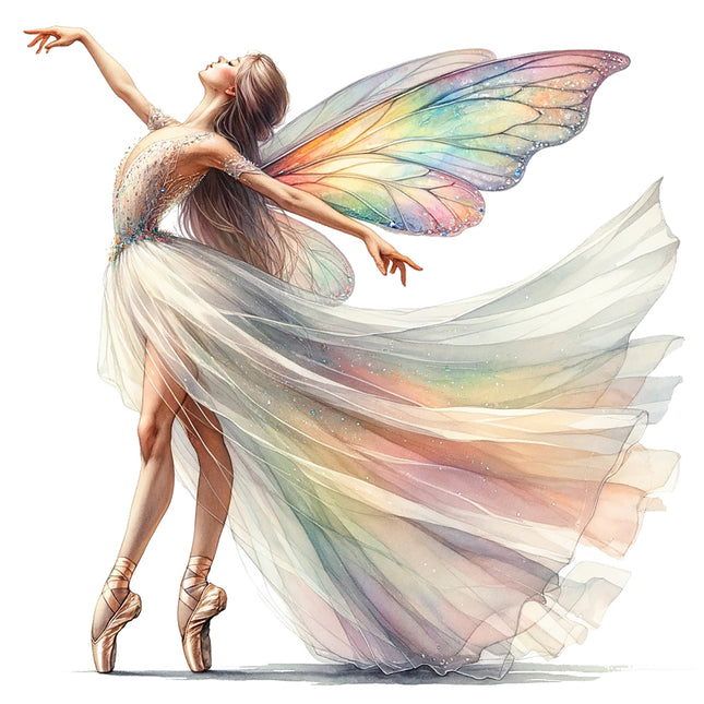 Dancer with rainbow wings in a flowing dress fabric panel