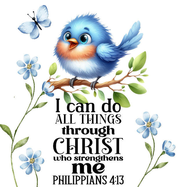Blue bird on a branch with flowers and a butterfly, featuring the Bible verse Philippians 4:13 fabric panel