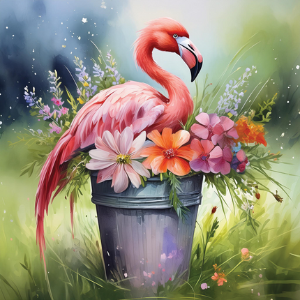 A fabric panel featuring a digitally printed pink flamingo perched in a bucket with colorful flowers, on a background of a lush, green outdoor setting.