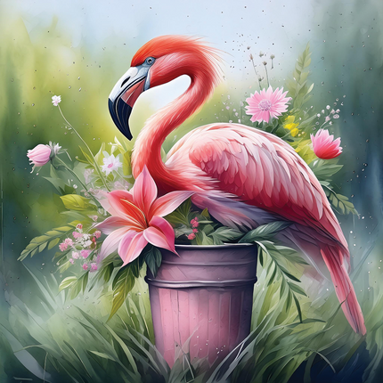 A digitally printed fabric panel featuring a pink flamingo perched in a bucket with flowers around it.