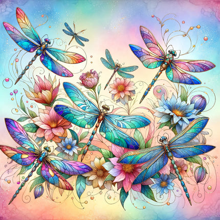 A colorful digital print of dragonflies with stained glass-like patterns on a fabric panel.