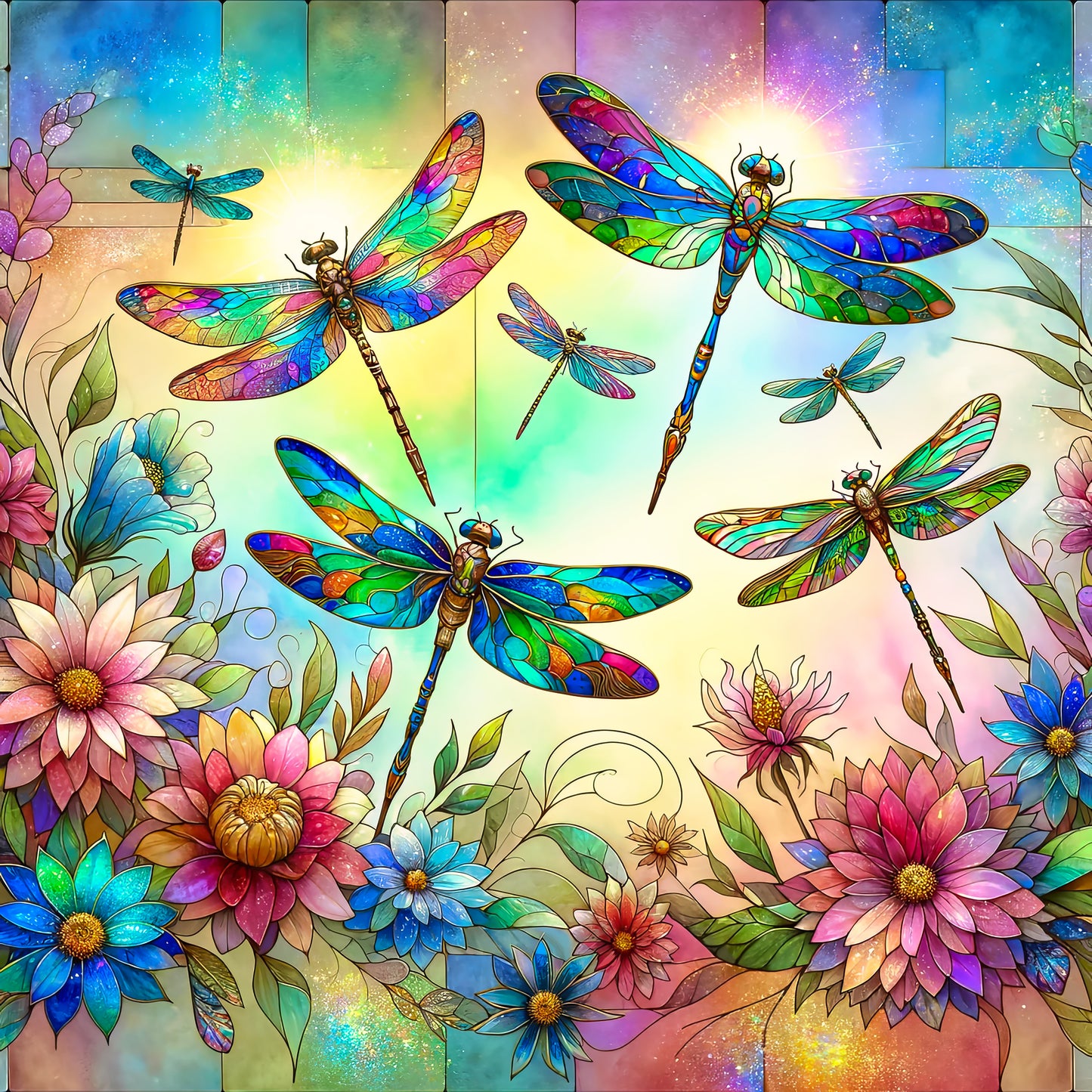 Stained Glass Dragonfly 100% Cotton Fabric Panel Square | Quilting Sewing Block | Saphies Fabrics AM2306