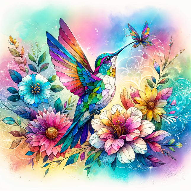 A colorful digital print of a hummingbird surrounded by various flowers, resembling a stained glass design.