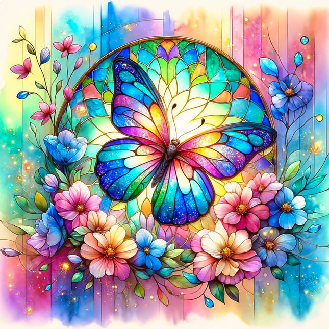 Stained Glass Butterfly 100% Cotton Fabric Panel Block AM2310