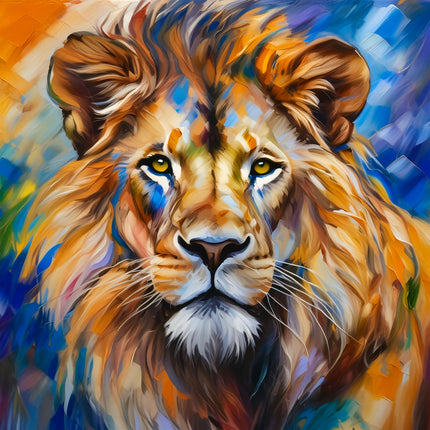 Colorful painting of a lion's face fabric panel