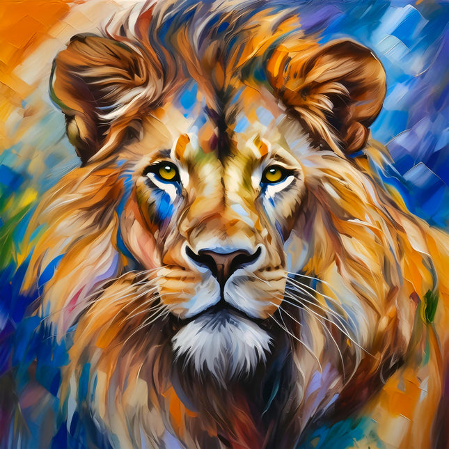 Colorful painting of a lion's face fabric panel