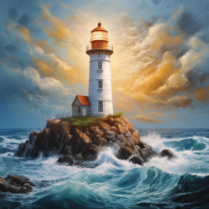 A digitally printed 100% cotton fabric panel featuring a lighthouse on a rocky outcrop with ocean waves and a dramatic sky.