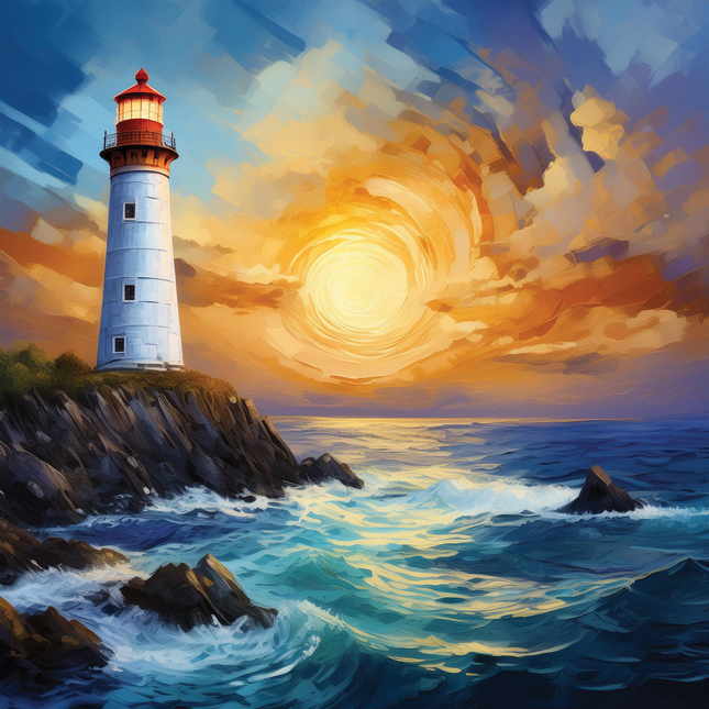 A digitally printed 100% cotton fabric panel featuring a lighthouse with a colorful sunset in the background.