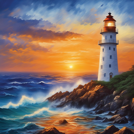 A digitally printed 100% cotton fabric panel featuring a lighthouse on a rocky coast at sunset.