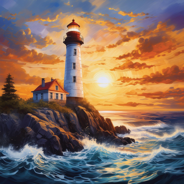 A fabric panel featuring a lighthouse with a red and white color on a cliff over looking the ocean at sunset.