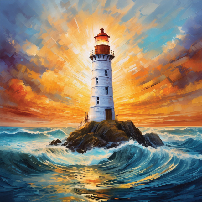A digitally printed 100% cotton fabric panel featuring a lighthouse with a colorful sunset in the background.