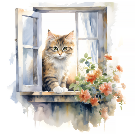 A fabric panel featuring a digitally printed image of a cat sitting on a windowsill with flowers outside the window.