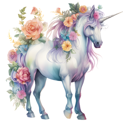 A digitally printed 100% cotton fabric panel featuring a white unicorn adorned with colorful flowers.