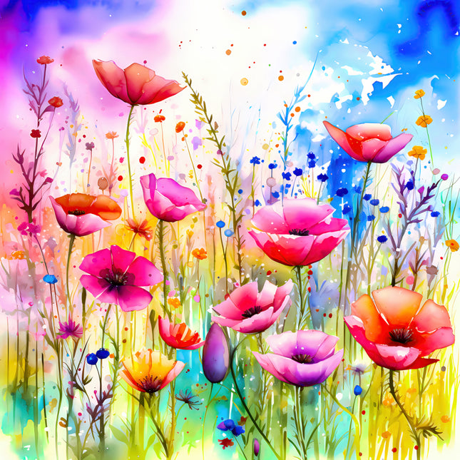 Colorful floral pink, purple, and orange flowers fabric panel