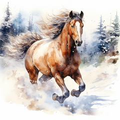 Watercolor illustration of a brown horse in a snowy landscape with trees in the background fabric panel