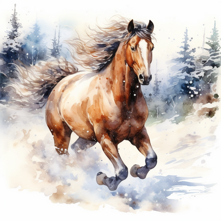 Watercolor illustration of a brown horse in a snowy landscape with trees in the background fabric panel