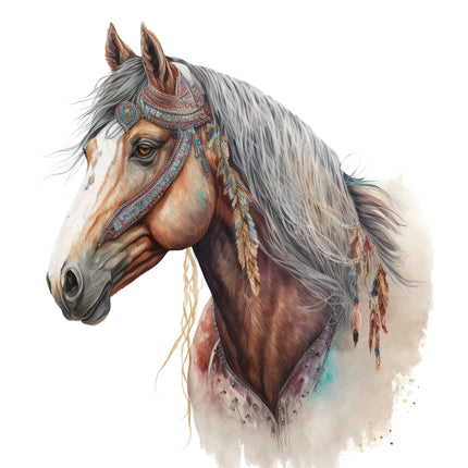 A digitally printed fabric panel featuring a horse with decorative accessories, such as a bridle and feathers, against a white background.