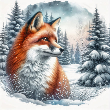Red fox in a snowy forest with snow-covered trees quilt panel