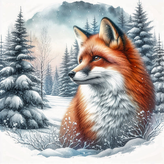 A digitally printed 100% cotton fabric panel featuring a realistic image of a fox with a winter landscape in the background.