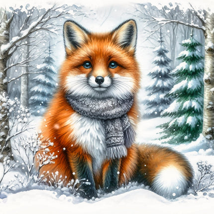 A fabric panel featuring a digitally printed image of a fox wearing a scarf, surrounded by a snowy forest scene.