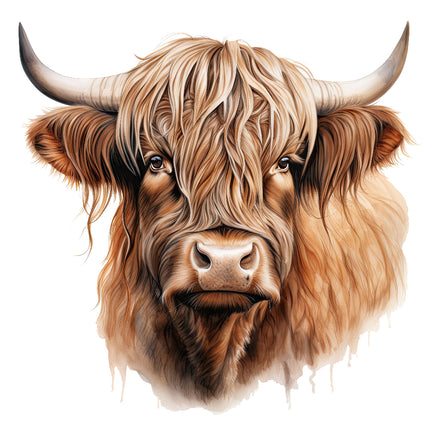A digitally printed 100% cotton fabric panel featuring a block image of a Highland Cow.