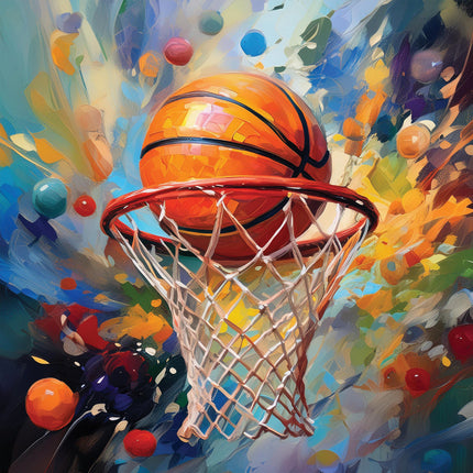 A digitally printed 100% cotton fabric panel featuring a vibrant image of a basketball in mid-air with a red hoop and net, surrounded by colorful abstract patterns.
