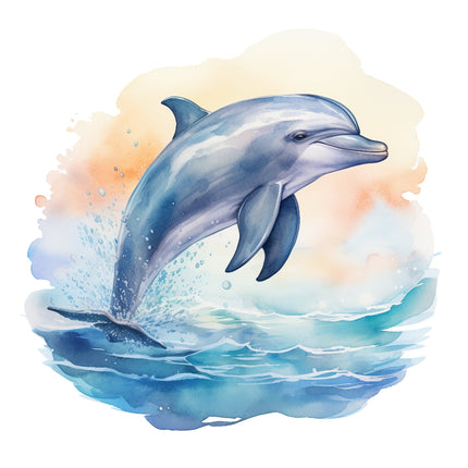 A digitally printed fabric panel featuring a dolphin jumping out of the ocean, with watercolor effects in the background.