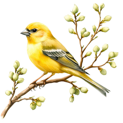 Yellow bird perched on a branch cotton fabric panel
