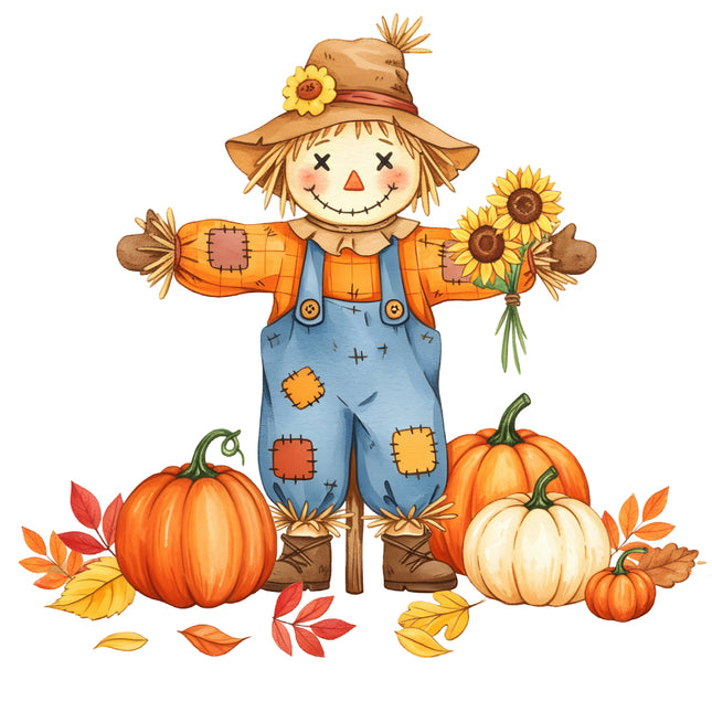 scarecrow with pumpkins fabric panel