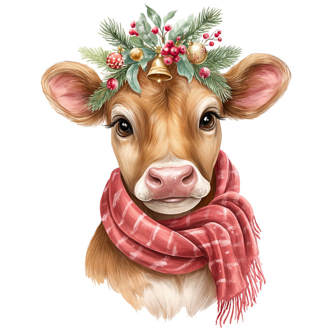 Cow wearing a festive wreath and red plaid scarf quilt block