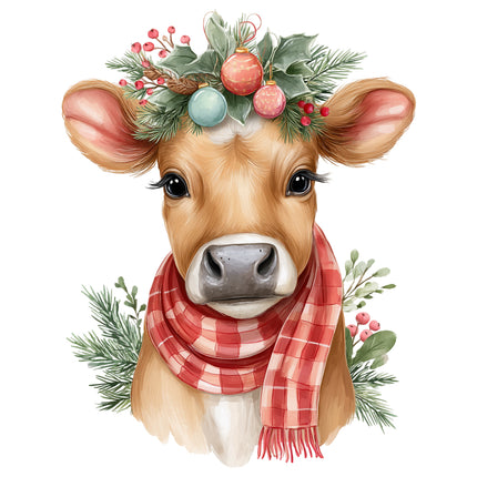 Cow wearing a festive wreath and red plaid scarf quilt block