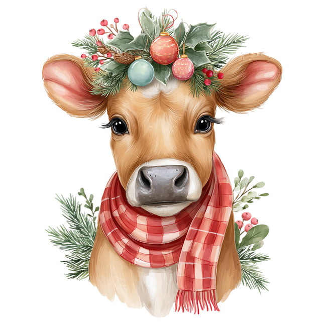 Cow wearing a festive wreath and red plaid scarf quilt block