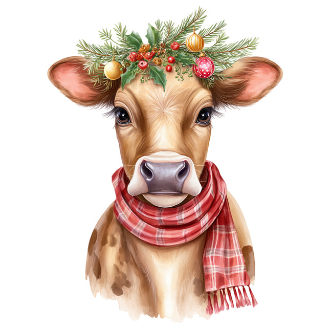 Cow wearing a festive wreath and red plaid scarf quilt block
