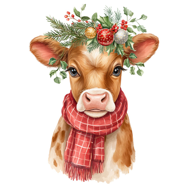 Cow wearing a festive wreath and red plaid scarf fabric panel
