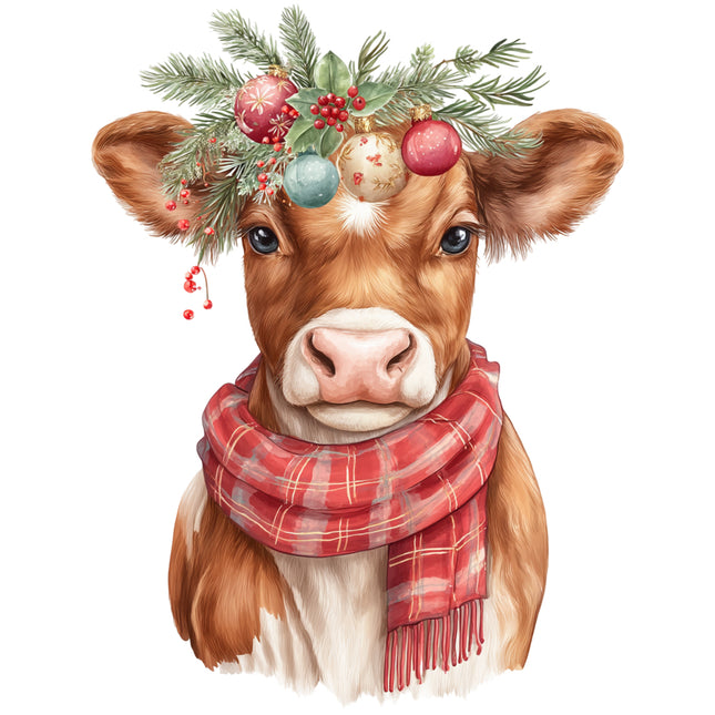 Cow wearing a festive wreath and red plaid scarf fabric panel