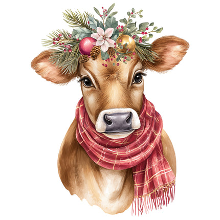 Cow wearing a festive wreath and red plaid scarf fabric panel