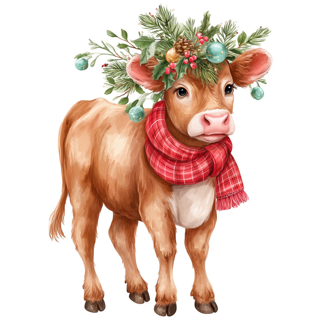 Cow wearing a festive wreath and red plaid scarf fabric panel