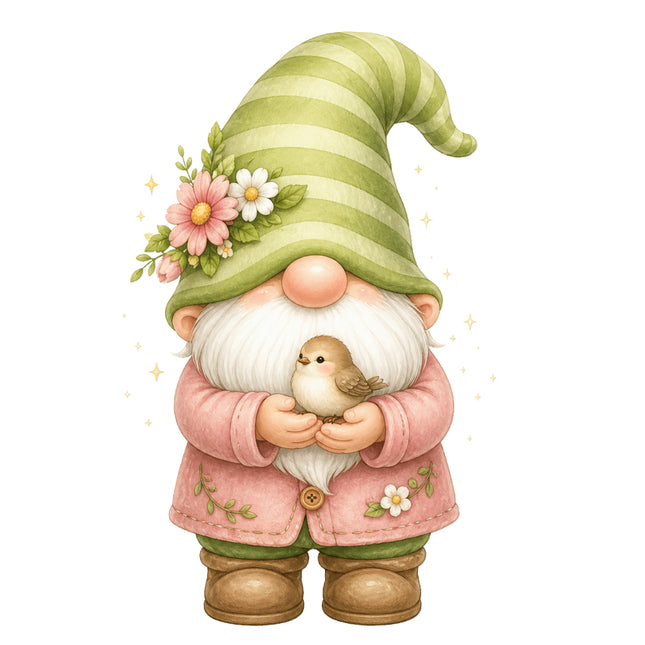 Gnome Holding Bird 100% Cotton Fabric Panel Block AN1104