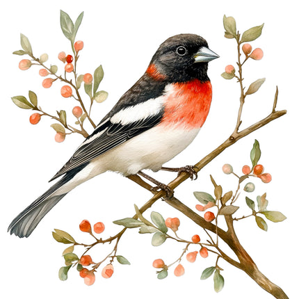 bird perched on a branch with berries fabric panel