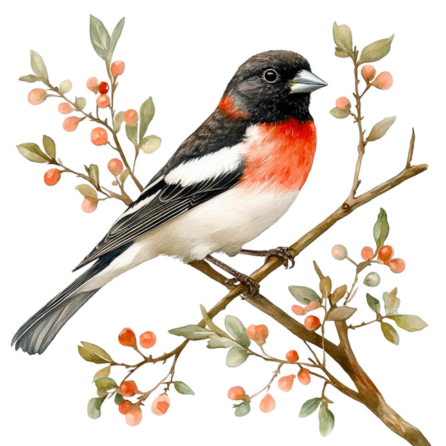 bird perched on a branch with berries fabric panel