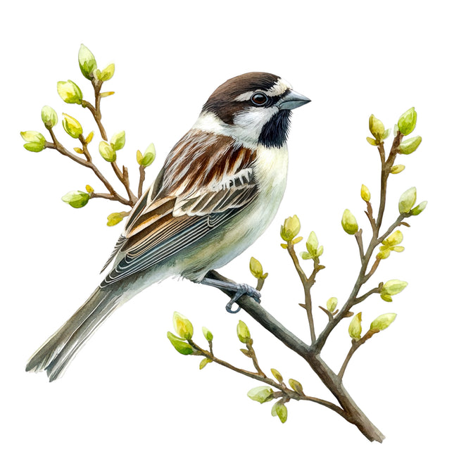 Bird perched on a branch with green buds fabric panel