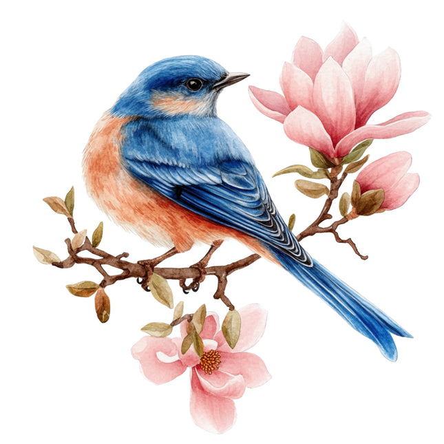 Blue bird perched on a branch with pink flowers fabric panel