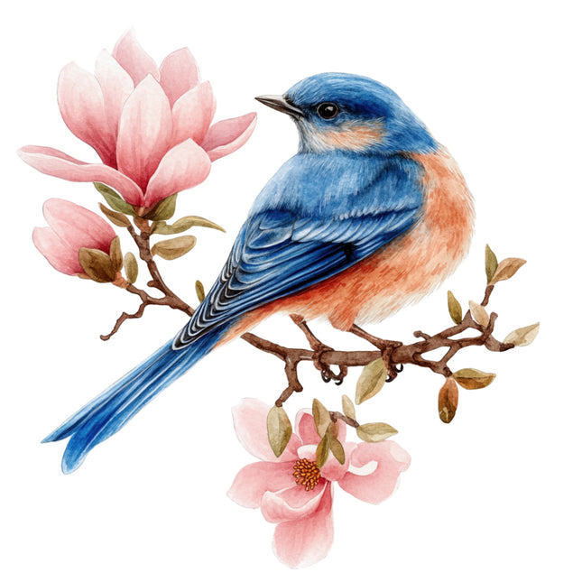 Blue bird on a branch with pink flowers quilt block