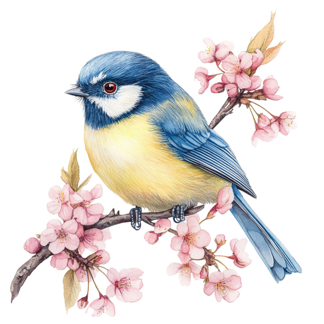 Blue and yellow bird perched on a branch with pink flowers fabric panel