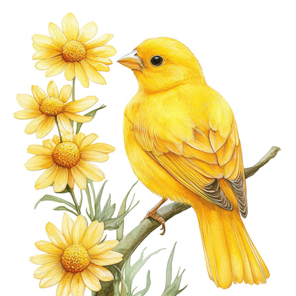 Yellow bird perched on a branch with yellow flowers fabric panel